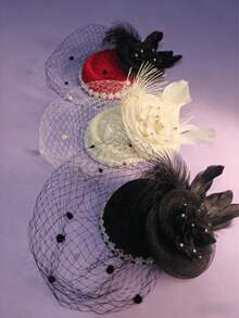 1件女士头饰帽，带网纱面纱、羽毛花朵和珍珠饰边，复古优雅鸡尾酒会头饰，红、白、黑三色可选，是婚礼、肯塔基德比、下午茶派对和复古主题活动的理想之选 - A - 查看 4