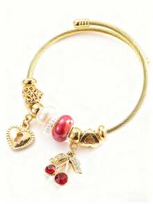 1 Peça Pulseira com Vários Pendentes de Cereja, Pulseira com Pingente de Coração Oco, Pulseira com Pingente de Estrela e Sol, Pulseira de Contas com Furo Grande, Adequada para Uso Diário, Presente, Dia das Mães, Dia dos Namorados, Pulseira Versátil de Presente - Pulseira - Visão 8