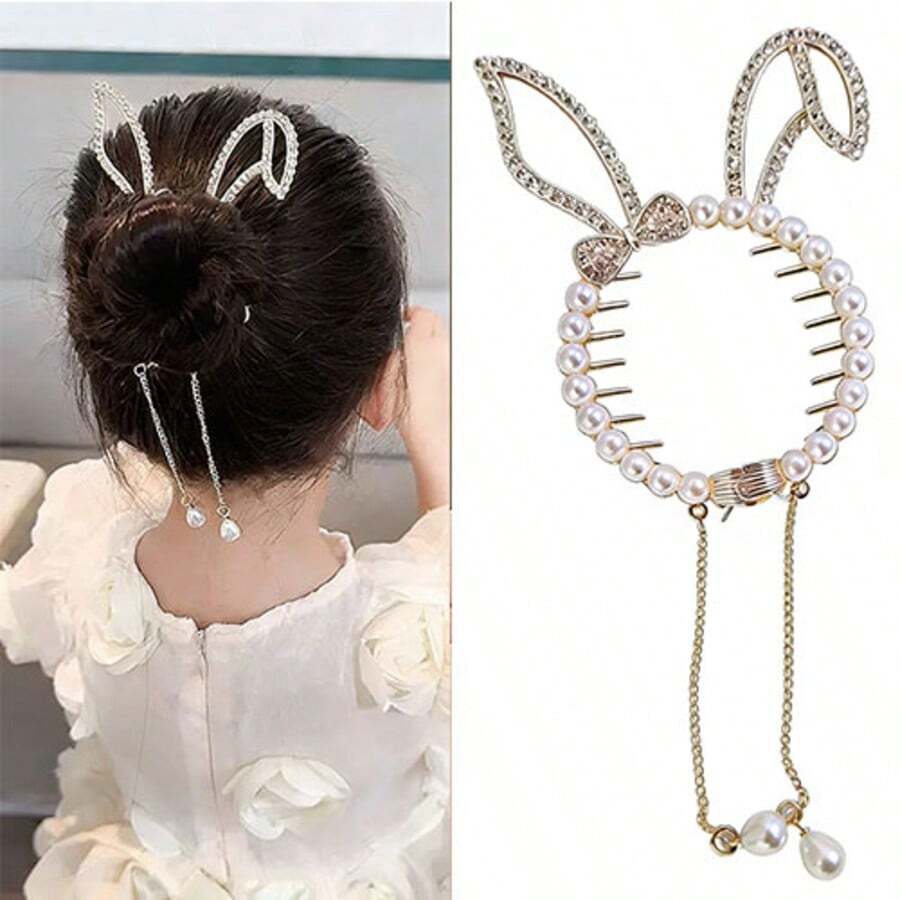 1pc Bunny Ear Hair Clips, Easter Rabbit Ear Ponytail Bun Holder Metal Hair Claw Clip For Ponytail Hairstyle Easter Hair Accessories With Rhinestone Pearl Design Claw Clips, Comfortable Hair Accessories For Women - Multicolor - View 1