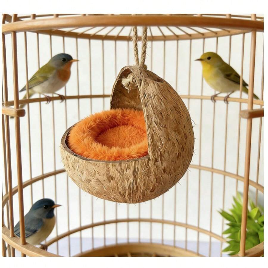 Natural Small Pet Coconut Shell Bird Nest, House, Bed, Breeding Nesting, Anti-Chew, With Warm Pad And Bell For Parrots, Cockatiel, Finches - Multicolor - View 1