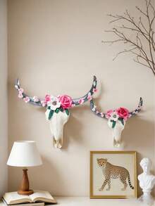 花卉骷髅壁挂装饰套装 - 波西米亚风树脂墙饰，适用于客厅/卧室、农舍家居装饰，创意艺术墙雕，可用于客厅、卧室、书房、婚礼派对、节日氛围、情人节、结婚礼物、最佳节日礼物、展示架装饰、生日礼物、毕业礼物 - 彩色 - 查看 4