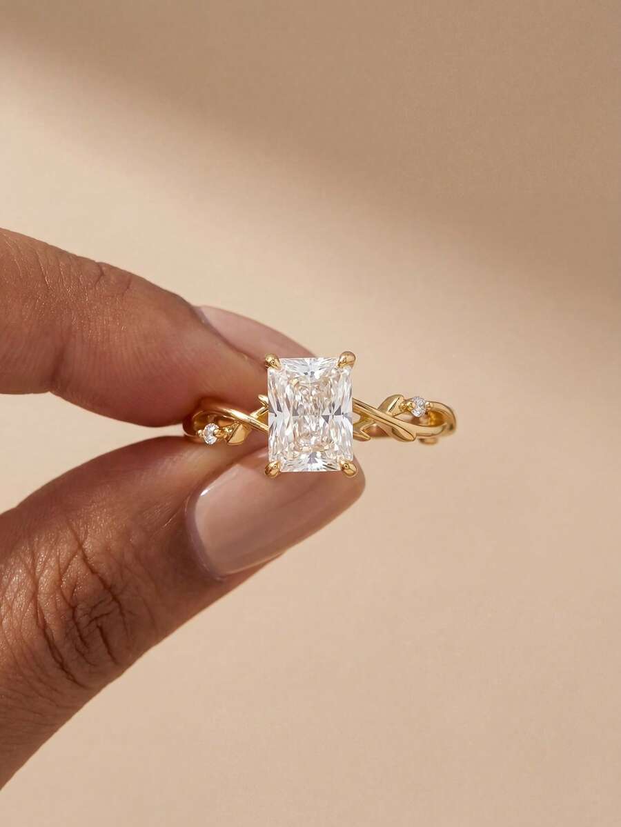 1pc 925 Sterling Silver Luxury Rectangular 2ct Cubic Zirconia Ring, Women's Vintage Party Birthday Ring, Fashion Jewelry Gift - 枝蔓長方 - 查看 1