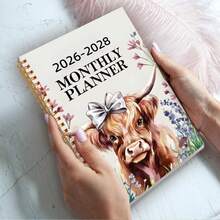 1 Book Of 2026-2028 3-Year Plan - Elegant Floral Cow Design, Highland Cow, Weekly And Monthly Layout, Time Efficiency Plan Notebook, Suitable For Offices, Schools, Families, Gifts - Durable Paper Organizer, School Supplies, Romantic Theme, Sturdy Binding, Functional Diary, Office Worker, Notebook, Diary, Stationery, School Notebook, Diary - 彩色 - 查看 2