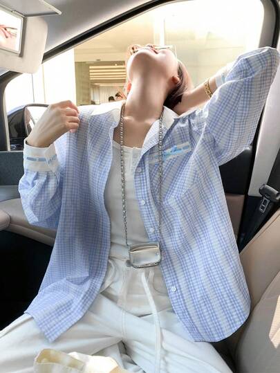 Korean Style Blue Plaid Contrast Color Lace Patchwork Loose Long Sleeve Women's Blouse, Suitable For Outdoor, Shopping, And Dates, Spring/Summer