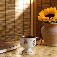 كوب قطة شتوي /خريفي للشفاء، كوب لاتيه خزفي مع رسم قطة وشجرة صنوبر، كوب طويل بلون كراميل للقهوة والحلويات - متعدد الألوان - مشاهدة 6