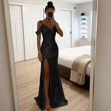 Spring And Autumn New Style Spaghetti Strap Sequin Split Dress Casual Loose Party Dress - Black - View 1