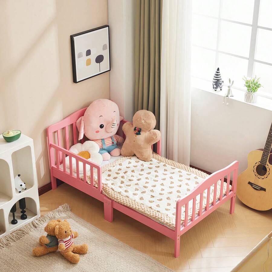 Wooden Baby Toddler Bed Children Bedroom Furniture With Safety Guardrails White - 粉色 - 查看 1