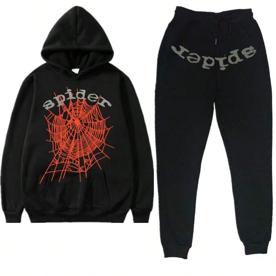 Spider Web Fashion Hip-Hop Printed Flower Hoodie, European And American  Brand Large-Sized Loose Men's And Women's Hooded Sweatshirt Set - 黑紅 - 查看 1