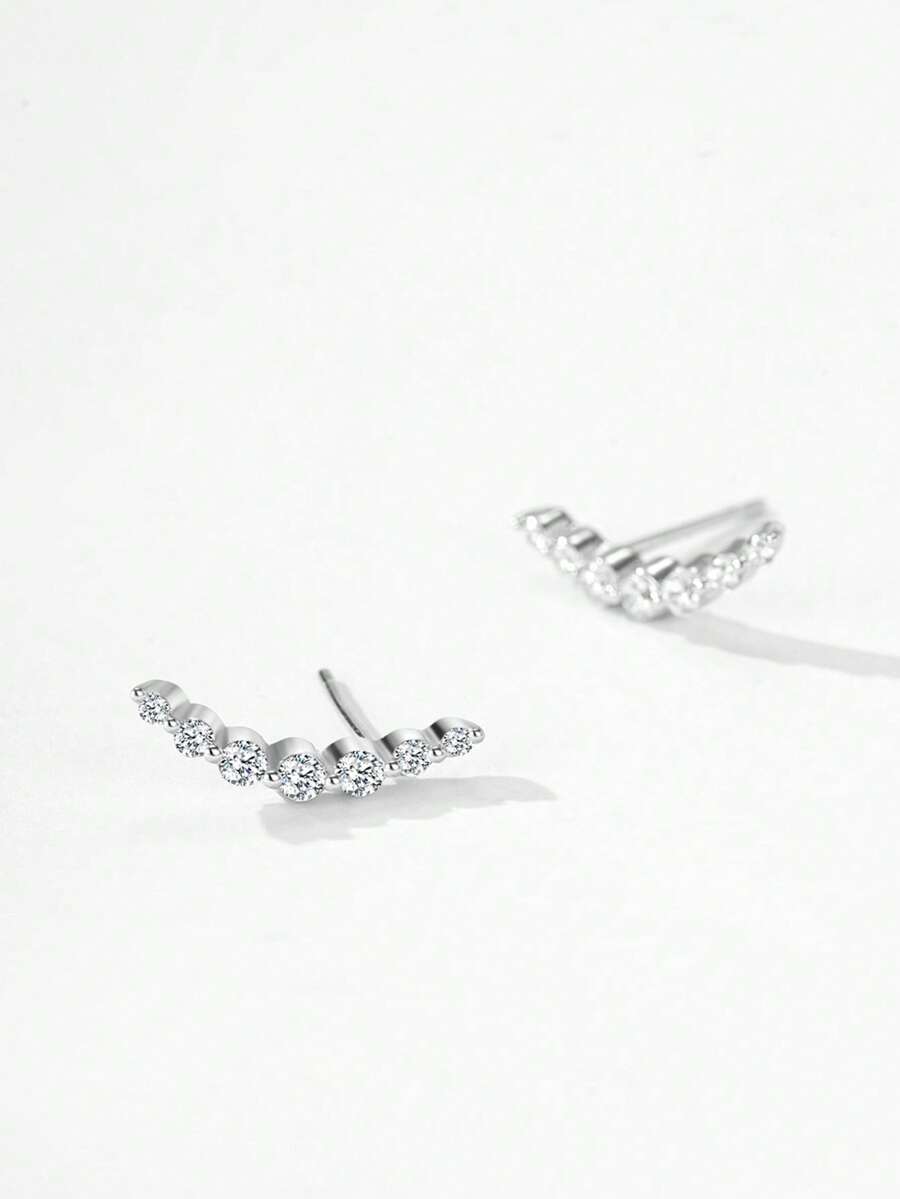 1件925纯银闪亮弧形微笑耳钉，女士生日结婚礼物，精美珠宝 - 銀色 - 查看 1