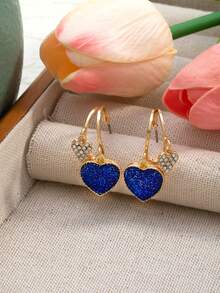 一对优雅心形吊坠耳环 - 独特简约设计，适合女性日常佩戴和情人节礼物，夏季饰品 - 藍色 - 查看 5