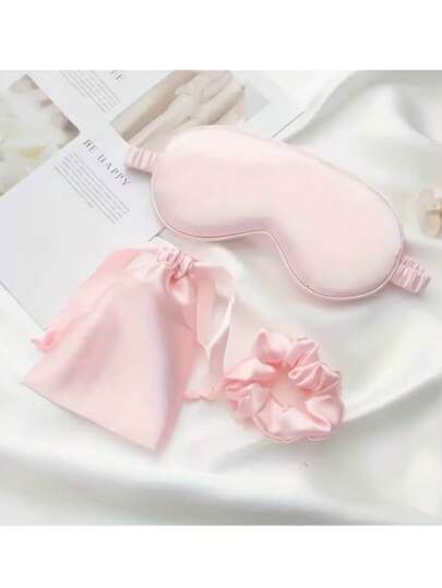 3pcs Satin Eye Mask Set (1 Eye Mask, 1 Hair Tie, 1 Storage Bag), Solid Color Polyester, Double-Sided Portable Sleep Mask, Breathable & Lightweight Blackout, Self-Care Item, Suitable For Travel Or As A Thoughtful Gift, Great For Napping And Nighttime Sleep, Essential For Women, Suitable For Office, School, And Back-To-School, Unisex, Must-Have For Insomnia