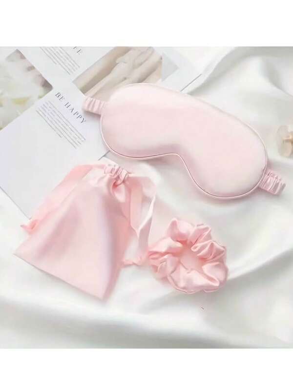 3pcs Satin Eye Mask Set (1 Eye Mask, 1 Hair Tie, 1 Storage Bag), Solid Color Polyester, Double-Sided Portable Sleep Mask, Breathable & Lightweight Blackout, Self-Care Item, Suitable For Travel Or As A Thoughtful Gift, Great For Napping And Nighttime Sleep, Essential For Women, Suitable For Office, School, And Back-To-School, Unisex, Must-Have For Insomnia