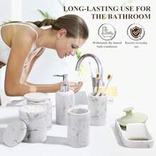 Bathroom Accories Set 6-Piece Bathroom Accory Set Toothbrush Holders Set Soap Dispenser Vanity Tray Tumbler Cotton Swab Jars Bathroom Organizer For Modern Bathrooms Marble White - 大理石白 - 查看 4