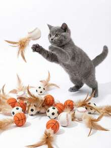 10 Peças/Conjunto Pacote de Valor de Brinquedos para Gatos de Estimação, Conjunto de Bolas de Pena Elásticas, Brinquedos Interativos de Autoentreterimento para Perseguição, Aliviam o Tédio, Estilo Esportivo Aleatório - Multicolorido - Visão 9