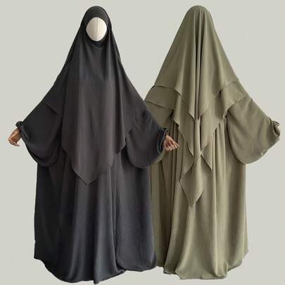 一套柔软双层纯色头巾+褶皱设计穆斯林长袍，经典百搭长袍，适合所有季节 - 休闲、可爱、优雅，涤纶材质