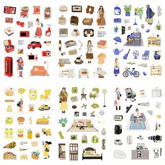 8张卡通韩系ins风周末生活拼贴DIY贴纸，适用于手账、手机壳、笔记本装饰、剪贴簿用品、剪贴簿文具