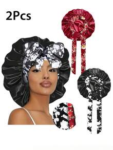 2pcs Women's Stretchy Satin Sleeping Cap/Makeup Cap/Daily Use Hair Cap, Satin Cap (Random Print Pattern),Summer,Beach,Hat,Holiday,Travel - Multicolor Print 2pcs - View 27