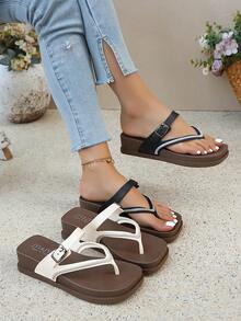 女士休闲坡跟人字拖，方头中跟厚底，套脚款式，饰有水钻，搭扣设计，柔软软木鞋底带防水防水台，休闲人字拖 - 黑色 - 查看 6