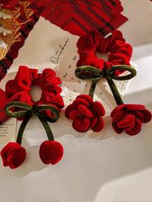 1个花朵蝴蝶结发圈发饰，适合女孩、生日、派对、情人节、舞蹈表演和日常佩戴，秋冬季女士头部配饰，马尾辫发圈，发圈，橡皮筋发带，发绳，弹力发圈 - 紅色 - 查看 8