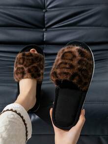 Mules femme à imprimé léopard, bout ouvert. Chaussons d'intérieur légers et silencieux pour sol en bois, doux et moelleux, pour le printemps et l'automne - Tabac - Voir 3