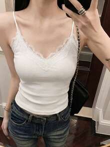 法式蕾丝吊带背心，带衬垫胸罩，性感内衣，女士春夏款 - 白色 - 查看 1