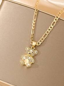 1pc Copper Inlaid Zirconia Cute Mischievous Lucky Bear Pendant Necklace, Suitable For Girls/Boys/Family/Friends, Multifunctional, Luxury, Party, Banquet, Holiday, Christmas, Thanksgiving, Halloween, Gift - Yellow Gold - View 1