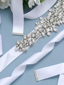 1 pieza Cinturón nupcial de mujer con aplique de diamante y cinta de satén de aleación de plata, accesorio para ceremonia de boda, decoración de cintura para la novia - Blanco - Ver 5