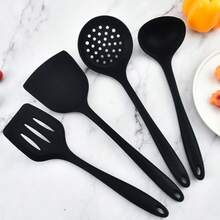 8pcs/Set Silicone Kitchen Cooking Utensil Set, Including Spatula, Soup Ladle, Strainer Ladle, Wok Spatula, Pasta Server, Salad Tongs, Honey Dipper, Available In Red And Black Colors