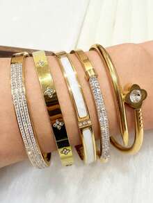 5pcs/Set Personalized Multi-Color Stainless Steel Bracelet Set, Unique Design, Fashionable, Multi-Element Design, Exquisite Ideal Gift, Non-Fading Jewelry, Stylish - Gold 5 - View 3