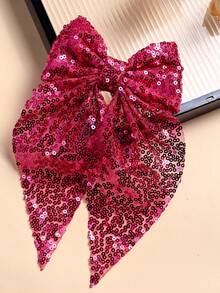 1个女孩闪亮亮片蝴蝶结发夹，可爱返校季亮粉色闪光蝴蝶结发夹金属鳄鱼夹发卡发饰，适合节日派对和日常使用 - 玫紅色 - 查看 1