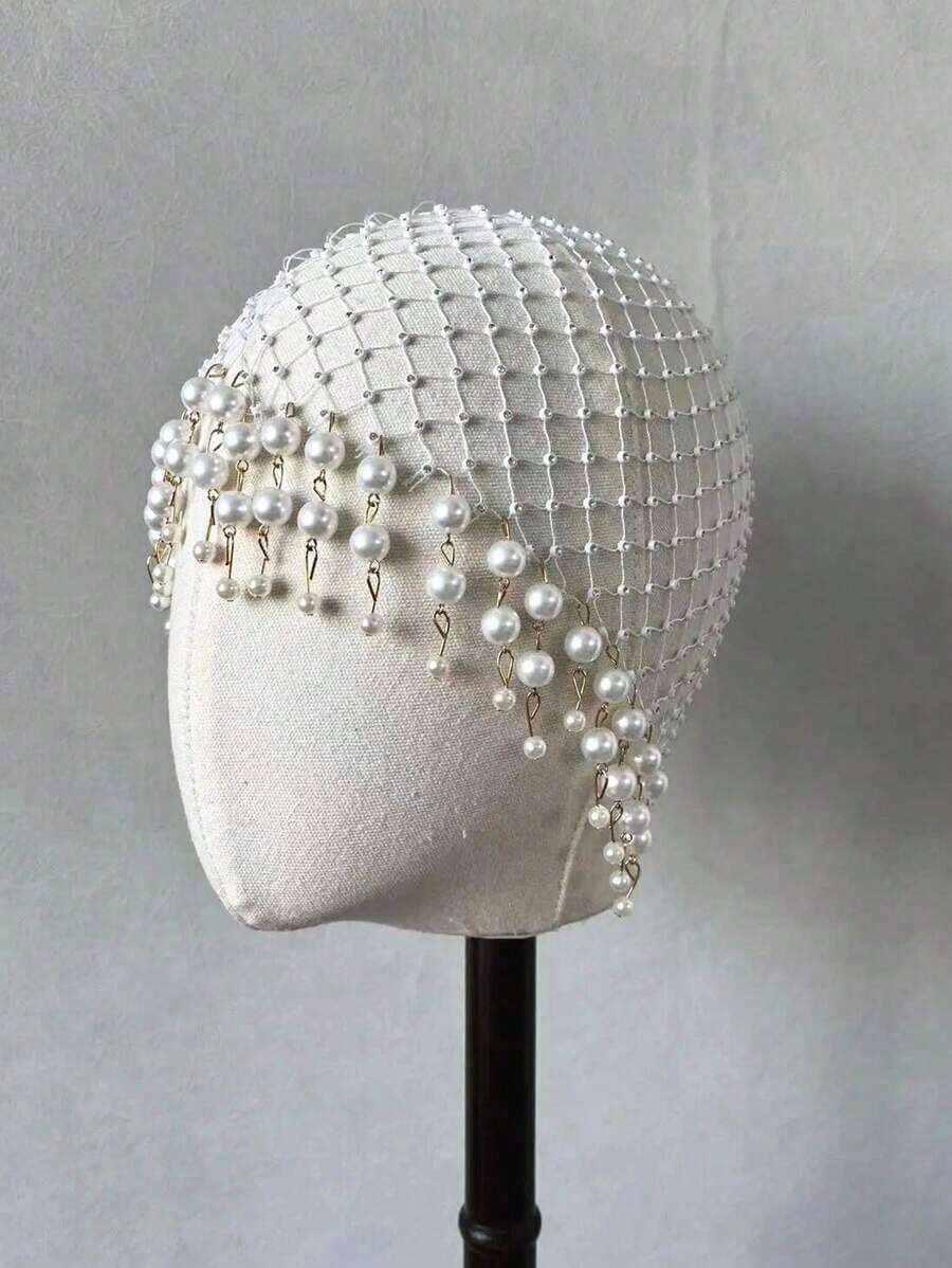 1pc White Pearl Decorated Hairband With Rhinestone Accent For Women, Luxury Headpiece Halloween - 白色 - 查看 1