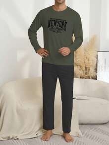 2pcs Men's Sleepwear Set, Round Neck Long Sleeve Letter Print Top And Solid Color Pants, Casual And Comfortable, Suitable For Lounging And Outerwear, Spring/Autumn - Dark Green - View 3