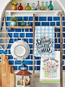 2Pcs Blue White Dish Towels Gingham Spring Bouquet Script Print Tea Towels Farmhouse Easter Breakfast Decor Kitchen Towels - Blue - View 6
