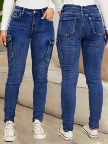 Women's Large-Sized Blue Distressed Work Pants, Denim Pants, Ankle-Length Pants, Side Flap Pockets, Multiple Pockets, High-Waist, High Elasticity, Street Casual, Comfortable, Fashionable, All-Season Large-Sized Denim Pants - 藏青色 - 查看 12