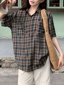 夏季新款复古格子刺绣短袖优雅Polo领百搭女式衬衫 - 藍紫色 - 查看 2