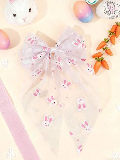 1个复活节网纱兔子发夹，女孩兔子花朵印花发夹，鳄鱼夹，可爱甜美风格发卡，复活节礼物和节日派对发夹，青少年发饰