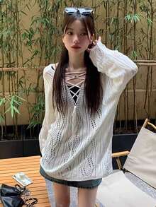[Y6Y] Women's Loose Knit Cover Up, V-Neck Long Sleeve Pullover, Spring New White Hollow Grid, Suitable To Wear With Camisole - White - View 4