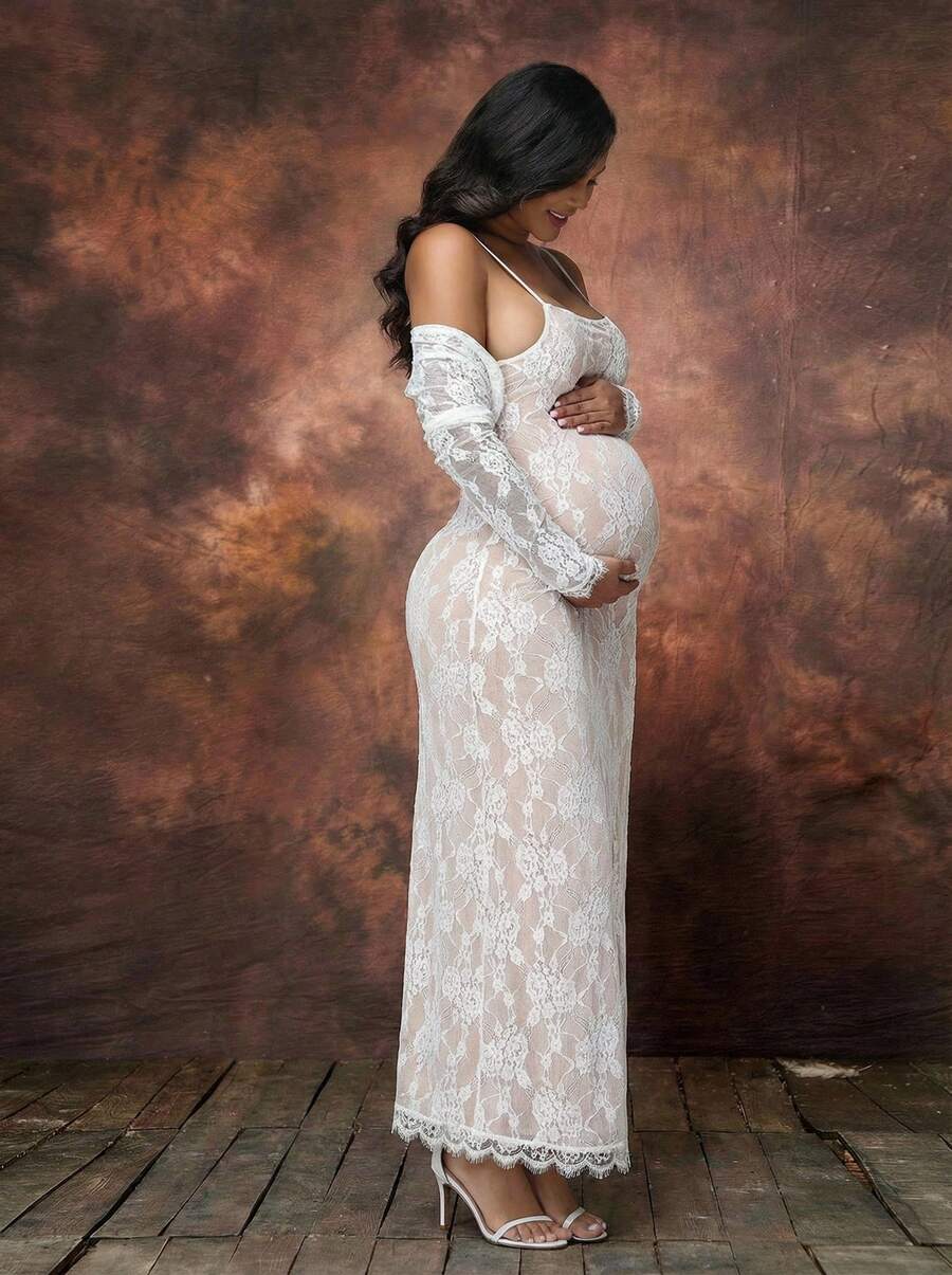 Irresista 两件套孕妇优雅蕾丝长袖上衣和蕾丝吊带裙套装，适合婴儿派对、聚会、拍照等场合 - 白色 - 查看 1