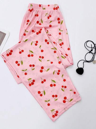 1pc Women's Sleepwear Bottoms, Spring/Summer/Autumn Pajama Pants, Cherry Print, Minimalist & Fashionable Lounge Pants, Suitable For Outdoor Wear