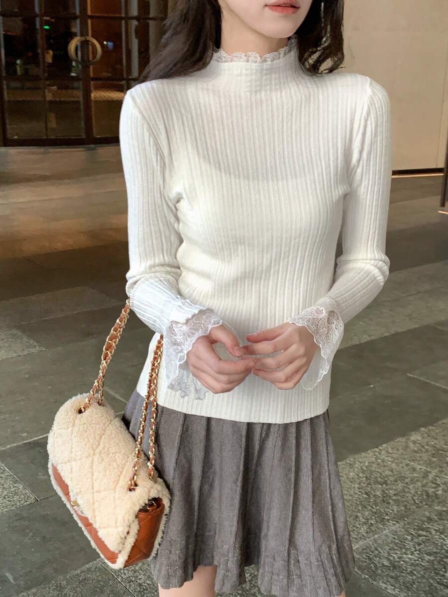 Women's Embroidered Crew Neck Fitted Knit Sweater, Versatile Base Layer, Autumn/Winter, Korean Style - White - View 1