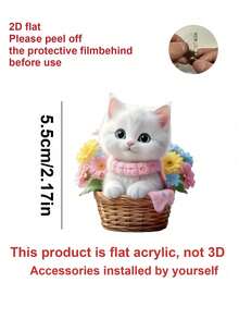 Cute Cat Acrylic Pendant, Cat Shaped Bag Charm, 2D Acrylic Pendant, White Cat Sitting In Flower Basket, Car Keychain, Home Decor, Pet Lover Gift, Fun Decor, Smooth Texture, Outdoor Decor, Gift, Souvenir, Gift For Friends, Family, Girls, Unique Birthday Gift, Party Gift, Holiday Gift, Teacher Gift - Multicolor - View 10