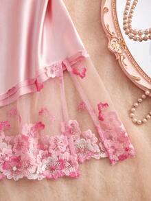 Valentine's Day Surprise Gift Women's Sexy Lingerie Adjustable Straps Backless Tie-Up Design V-Neck Embroidered Mesh Panel Dress Comfortable Satin Nightgown For Home - Pink - View 5