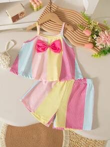 2件套女童休闲时尚彩虹条纹印花蝴蝶结无袖上衣和短裤套装，春夏款 - 粉色 - 查看 1