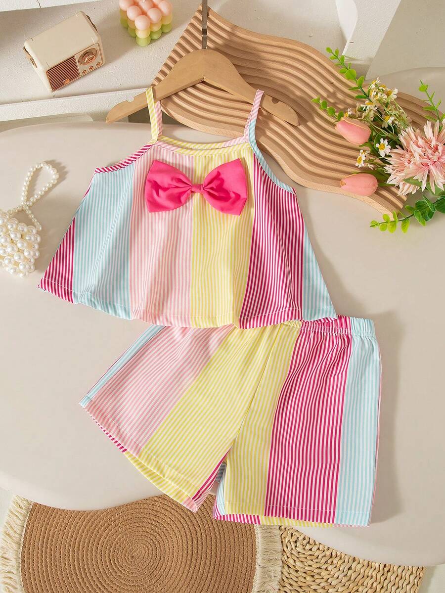 2件套女童休闲时尚彩虹条纹印花蝴蝶结无袖上衣和短裤套装，春夏款 - 粉色 - 查看 1