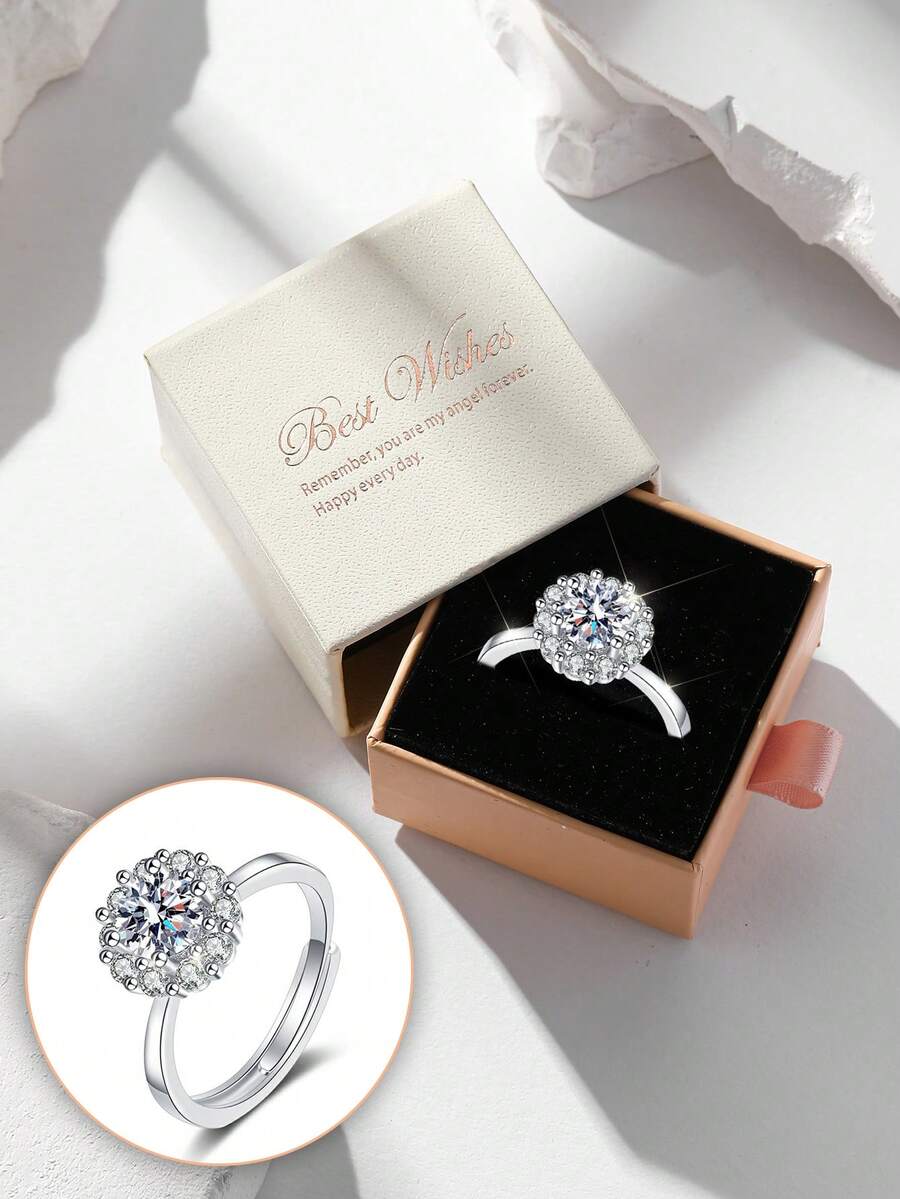 Gift Box Elegant Cubic Zirconia Ring, Women's Engagement Party & Daily Wear Jewelry, Copper Material Non-Fading & Hypoallergenic, Ideal Valentine's Day Gift - Silver - View 1