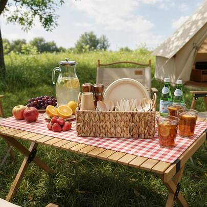 Organizador de cubiertos de mimbre para fiestas, soporte para utensilios de cocina, cesta de almacenamiento dividida, ideal para baño, cocina, oficina y organización del hogar