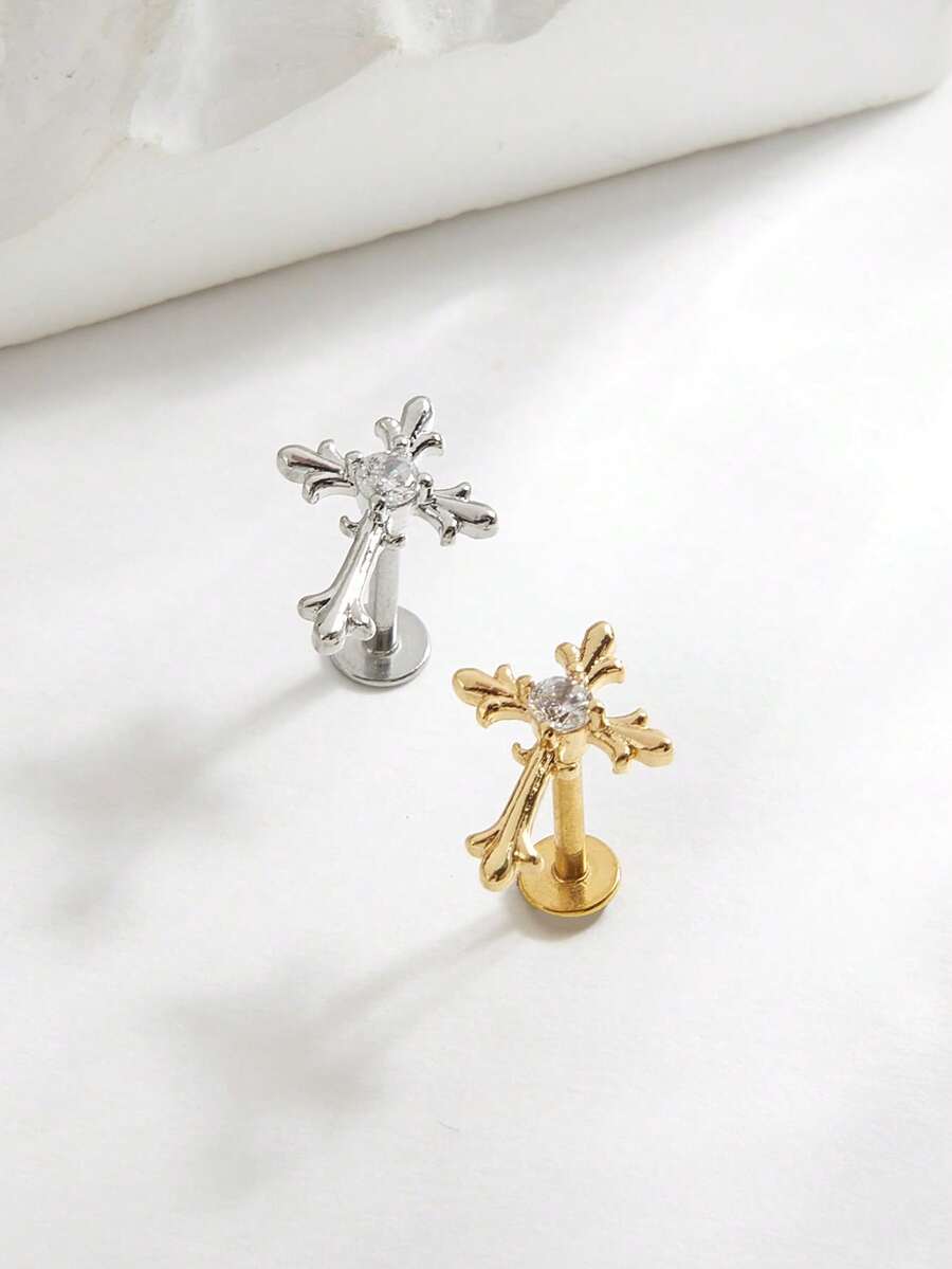 1pc Fashionable Minimalist Elegant Cross Diamond Stainless Steel Stud Earrings, Suitable For Women's Daily Wear - Cross - View 1