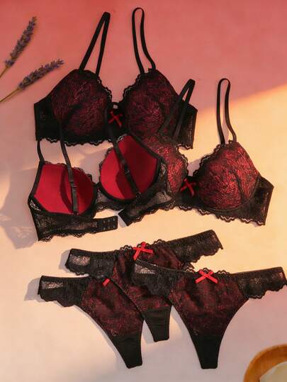 3sets/6pcs Sexy Burgundy Lace Underwire Bras, Fashionable Mature Elegant Adjustable Straps Backless Intimate Apparel With Soft Fabric And Supportive Deep V Alluring Lace Lingerie, Suitable For Daily Wear - Best Gift For Girlfriend On Valentine's Day - Surprise Gift For Boyfriend