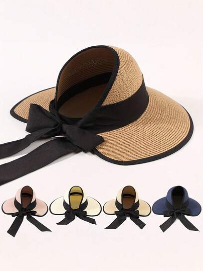 1pc Boho Style Wide Brim Sun Hat - Extra Large Brim Design With Bow Decor, Suitable For Summer Beach, Vacation And Daily Fashion