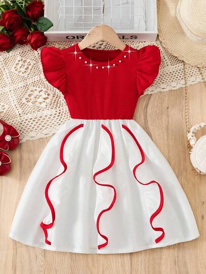 Girls' Casual Color Block Striped Cap Sleeve Beaded Round Neck Patchwork Wave Vertical Striped A-Line Hem Dress, Suitable For Daily Wear, Home, Outdoor, Vacation, Summer